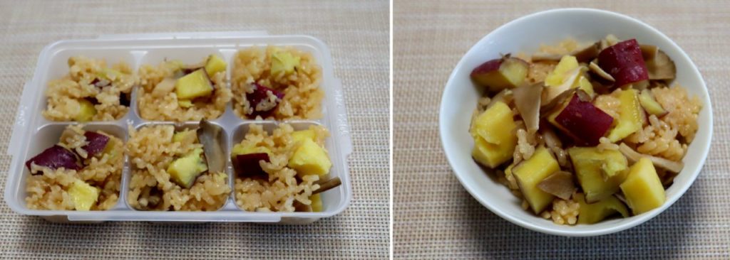 ホットクックで作る幼児食：サツマイモと舞茸の炊き込みご飯の出来上がり