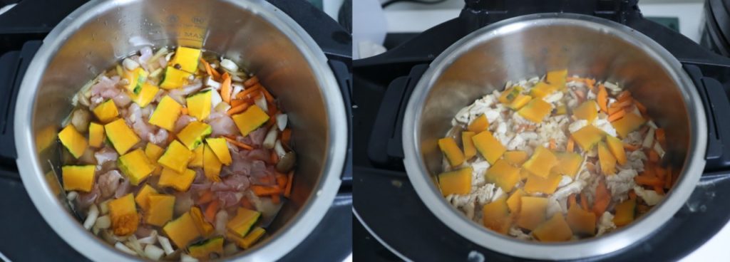 ホットクックで作る幼児食：鶏肉とかぼちゃの炊きこ込みご飯の作り方