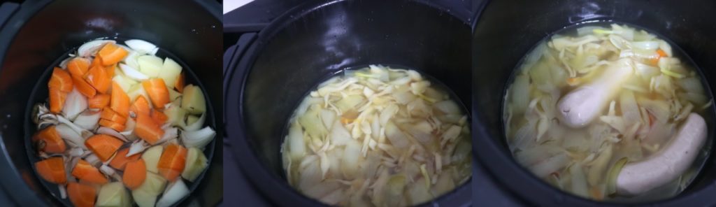 ホットクックで簡単にできる、白ソーセージの野菜スープのレシピ