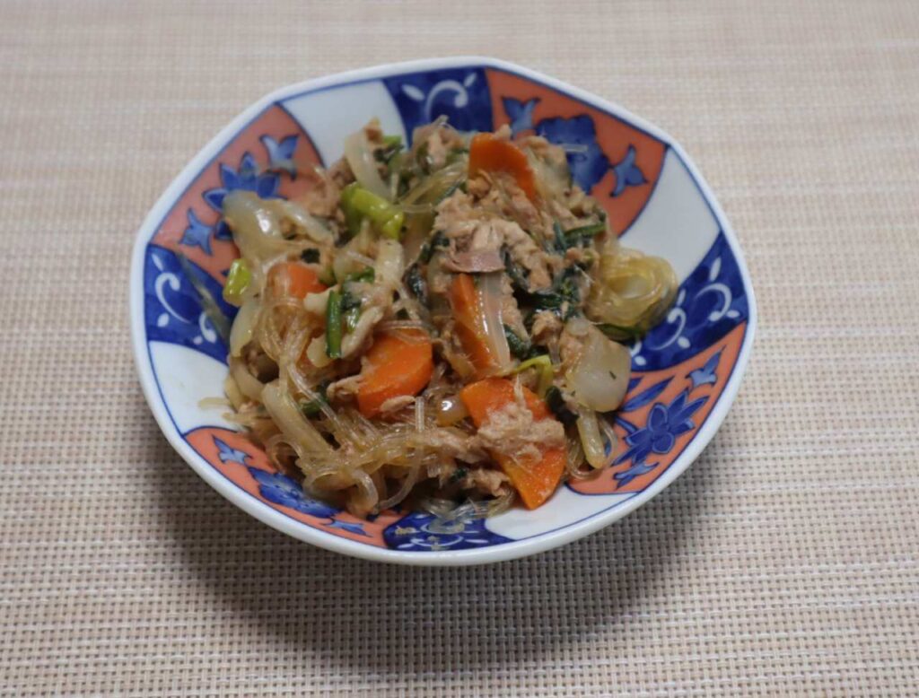 ツナと野菜と春雨の中華風炒めの出来上がりと味