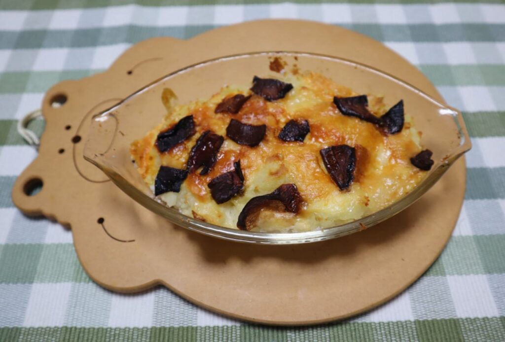 ポテトのチーズグラタンポルチーニのせの出来上がりと味