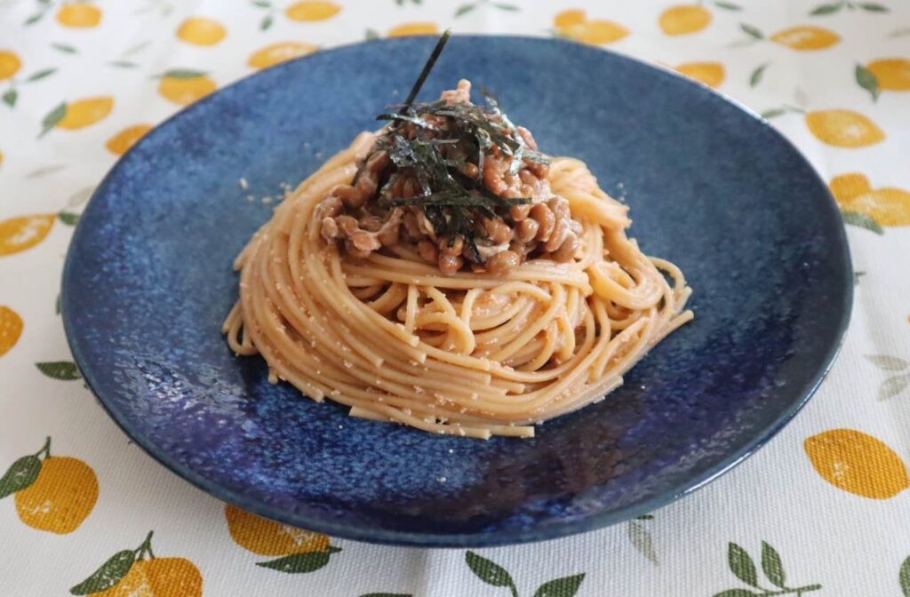 納豆と明太子の和風パスタの出来上がりと味