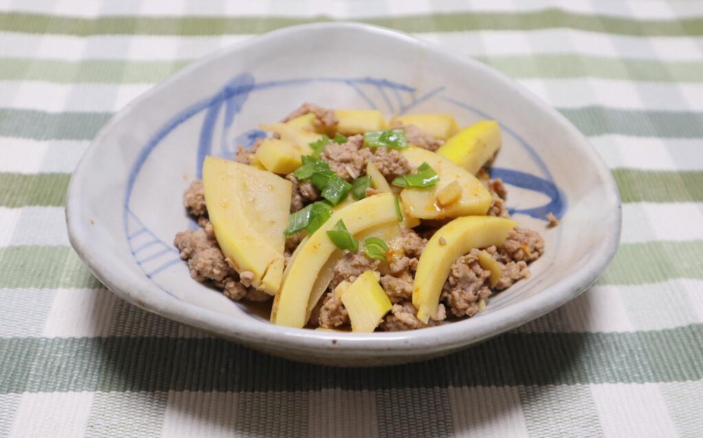筍と豚ひき肉の麻婆風炒めの出来上がりと味